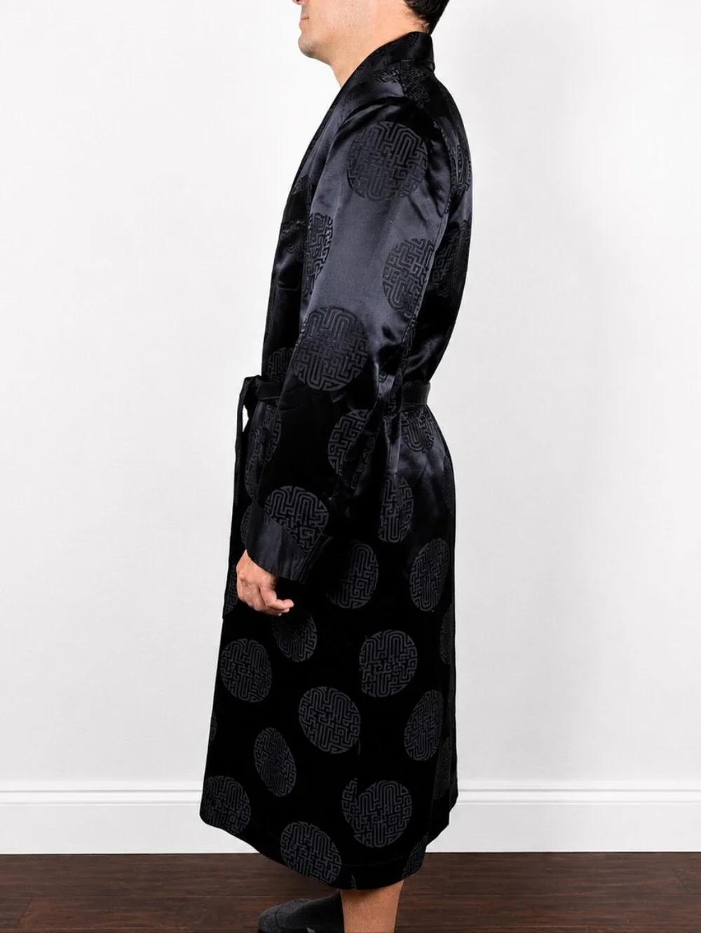 Rare Vintage 1950's Mark Cross Black Silk Jacquard Smoking Robe Hong Kong Luxe L